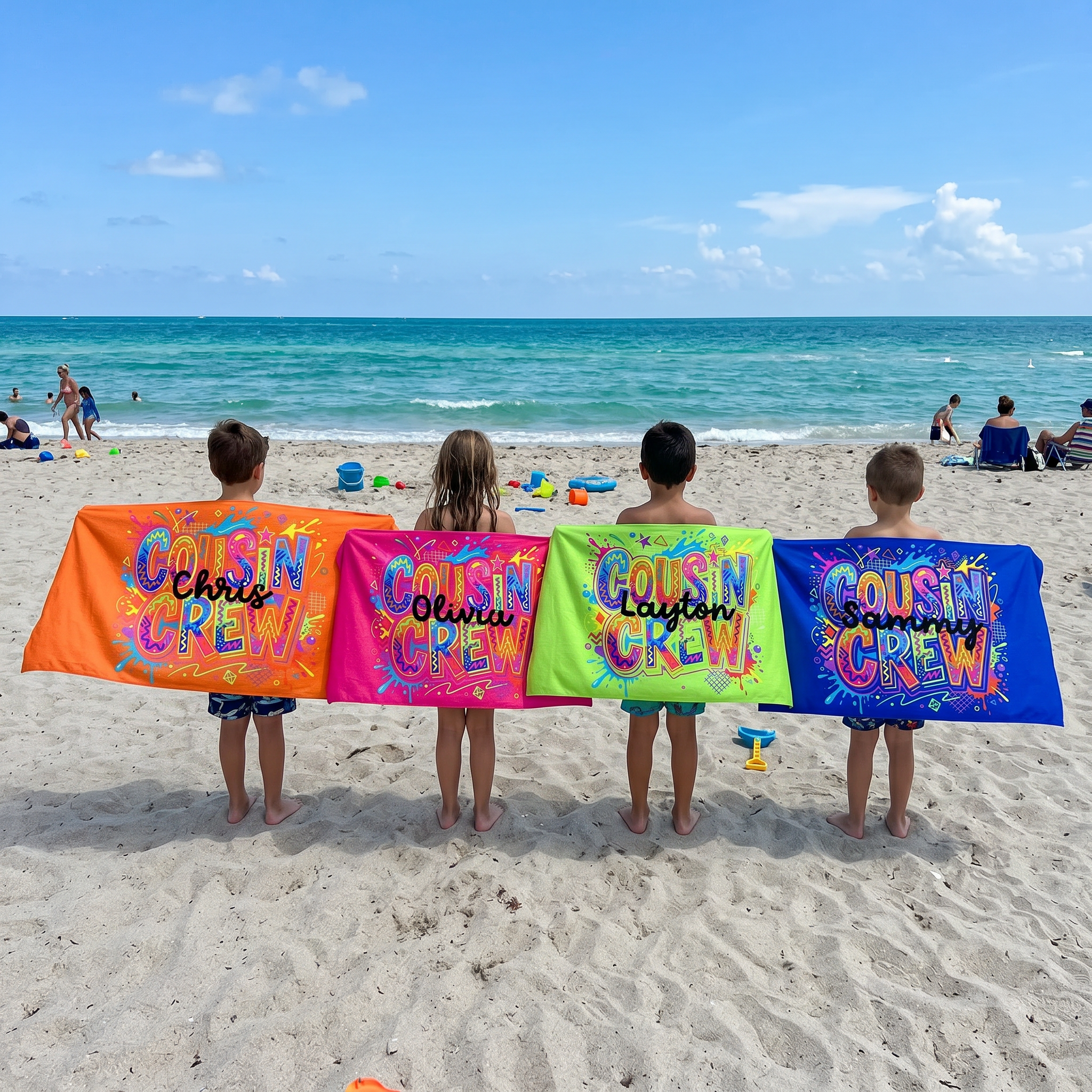 Name-printed Cousin Crew Pop Art beach towel design detail