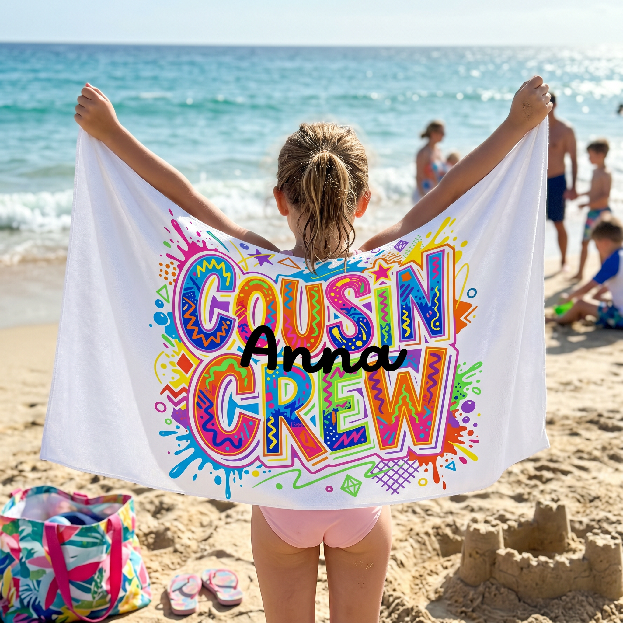 Cousin Crew Pop Art custom name beach towel for beach and pool days - The Custom Co