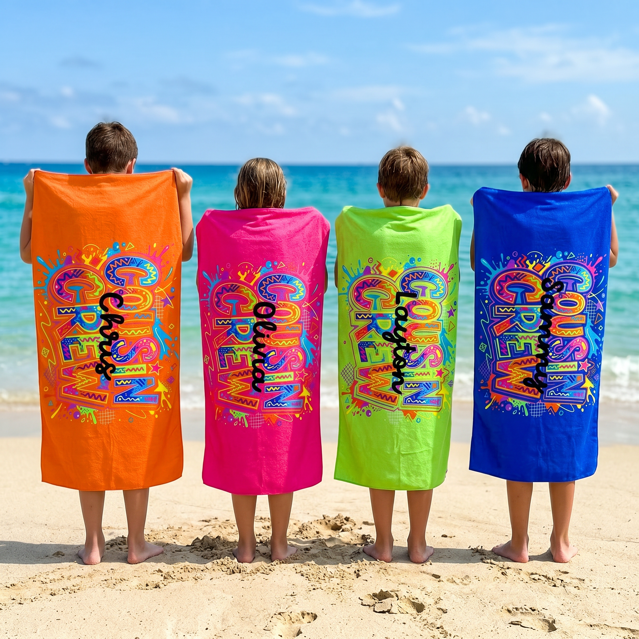 Cousin Crew Pop Art custom beach towel with names printed on - The Custom Co