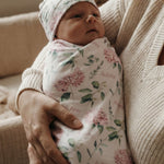 Personalised baby swaddle and beanie set in soft stretch poly fabric from The Custom Co.