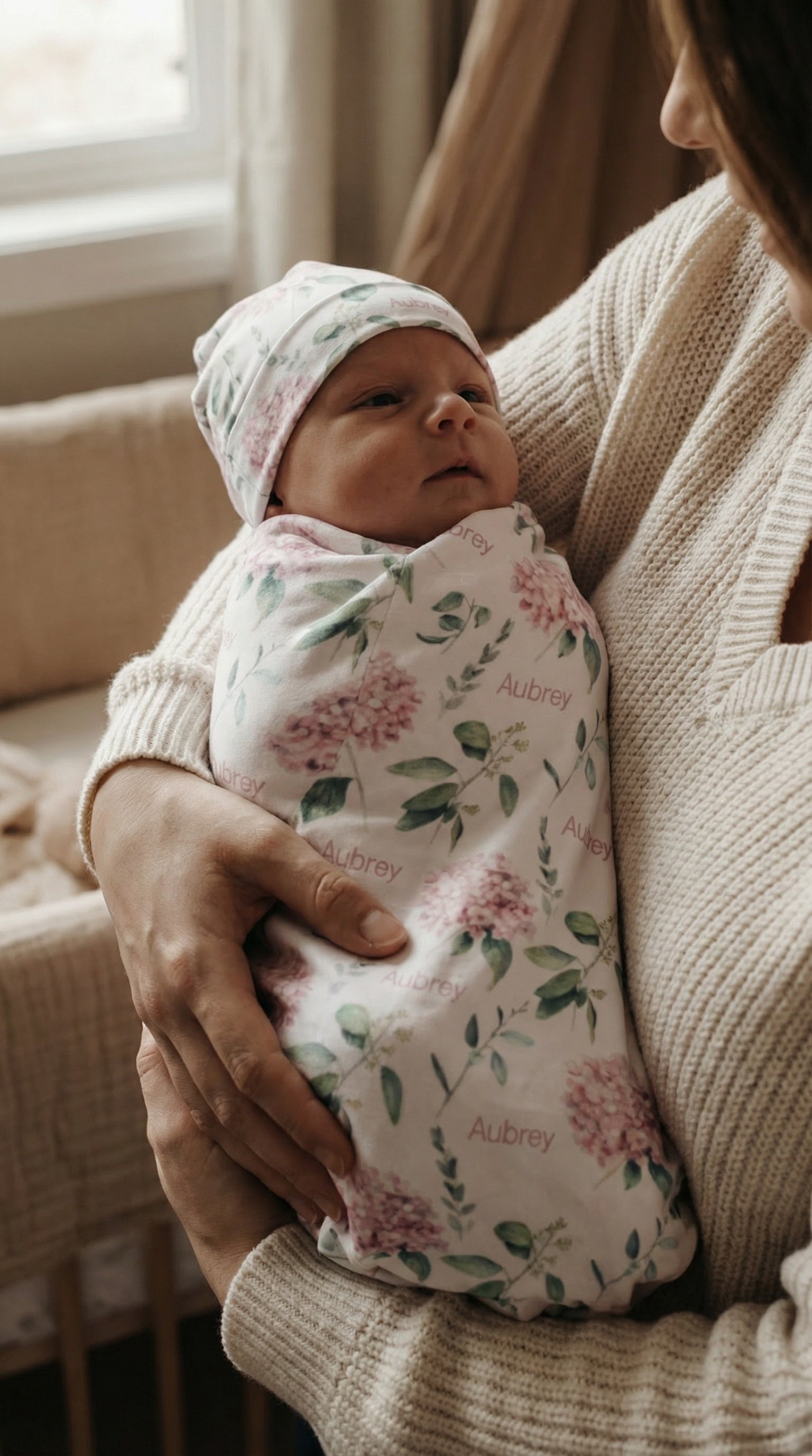 Personalised baby swaddle and beanie set in soft stretch poly fabric from The Custom Co.