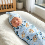 Personalised baby swaddle and beanie set in soft stretch poly fabric for newborn comfort and style