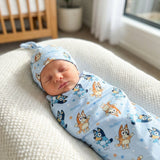 Personalised baby swaddle and beanie set in soft stretch poly fabric for newborn comfort and style