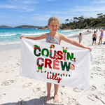 Christmas Cousin Crew beach towel personalised with each name, Christmas gift