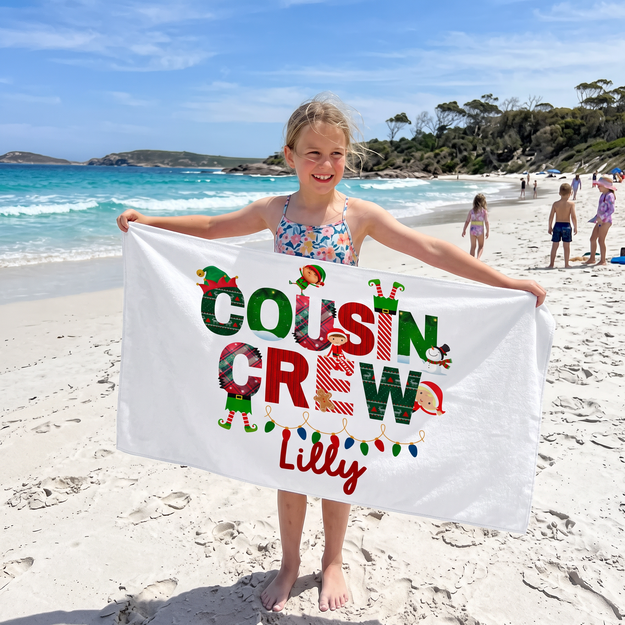 Christmas Cousin Crew beach towel personalised with each name, Christmas gift