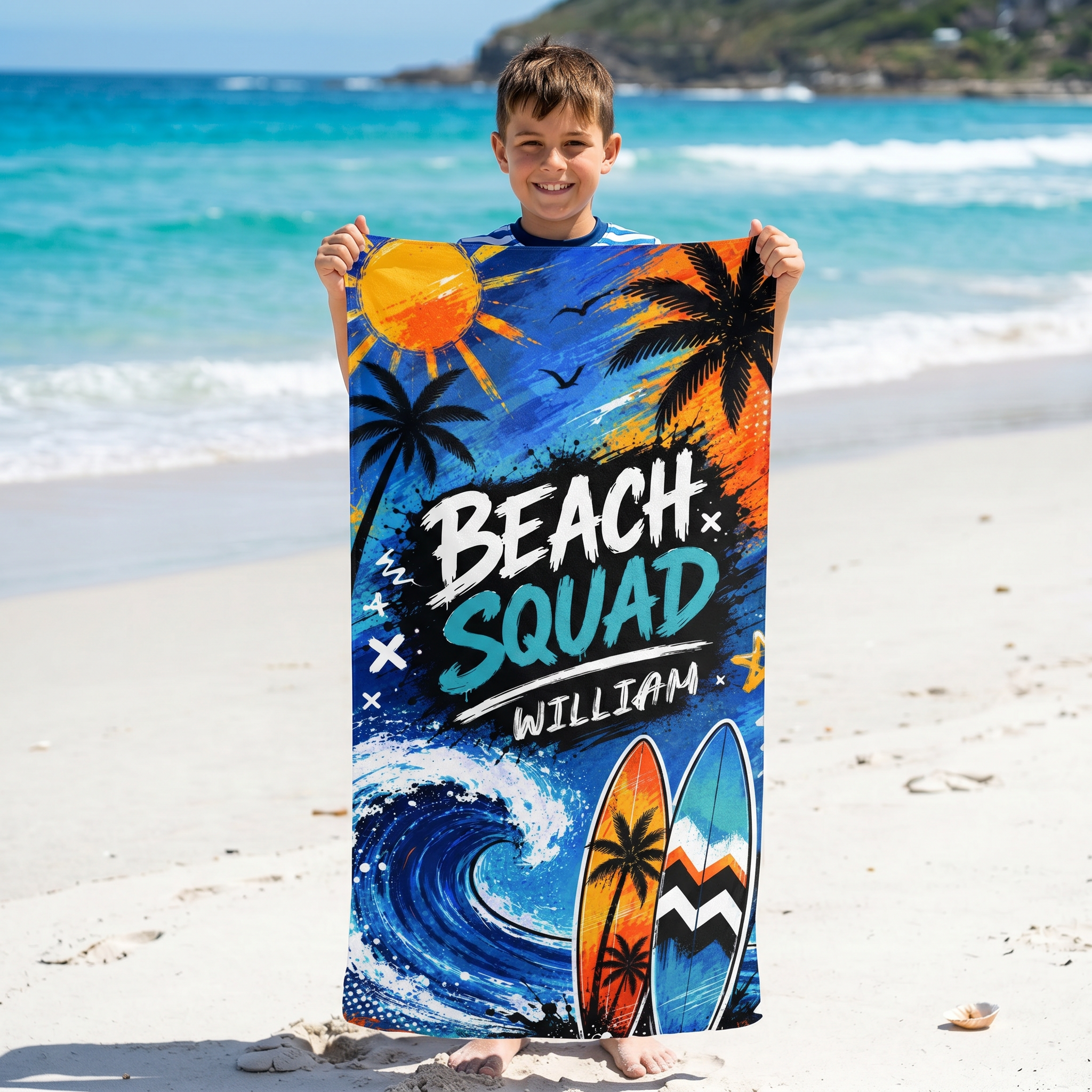 Beach Squad custom name beach towel, summer beach accessory