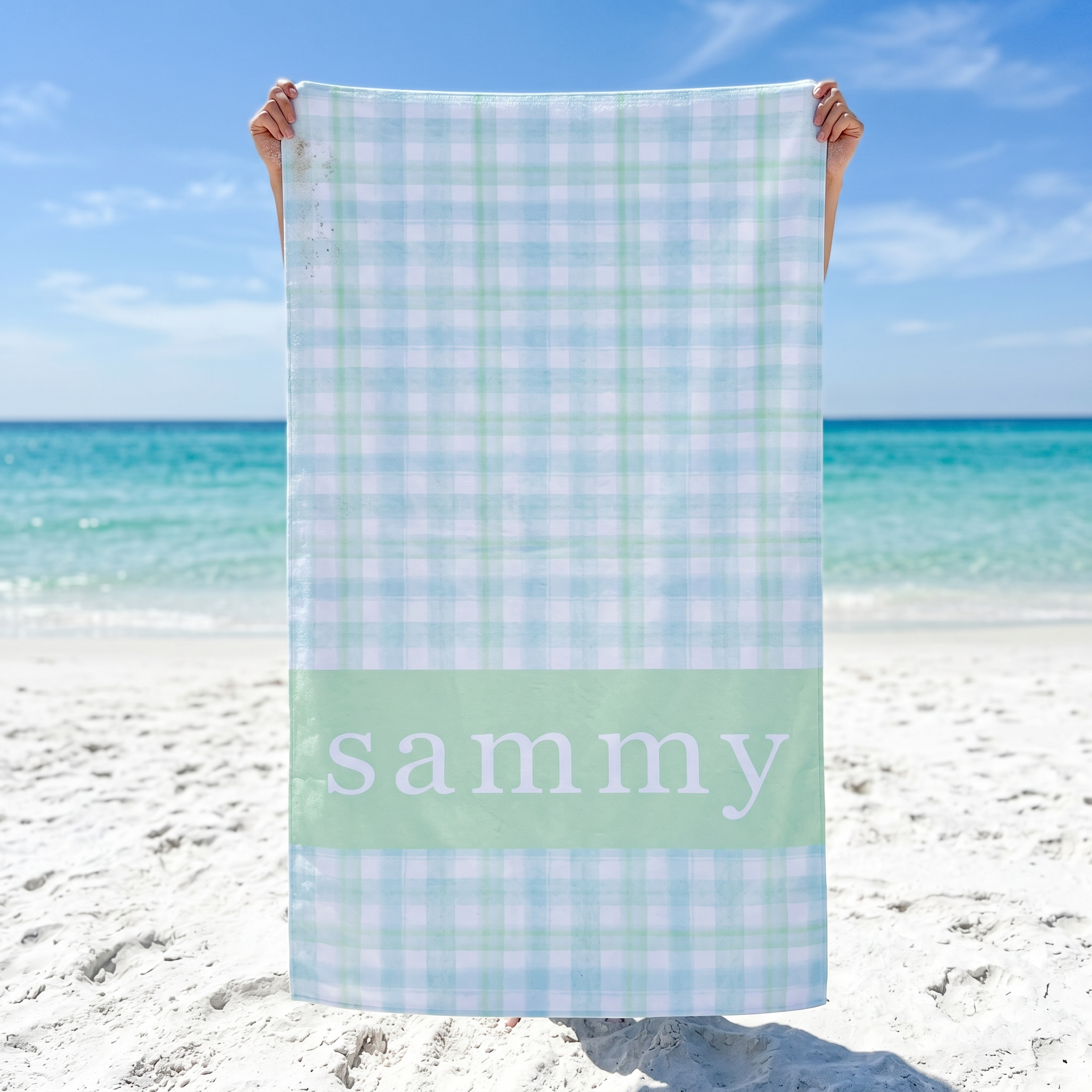 Watercolour Plaid beach towel personalised with each name, summer gift
