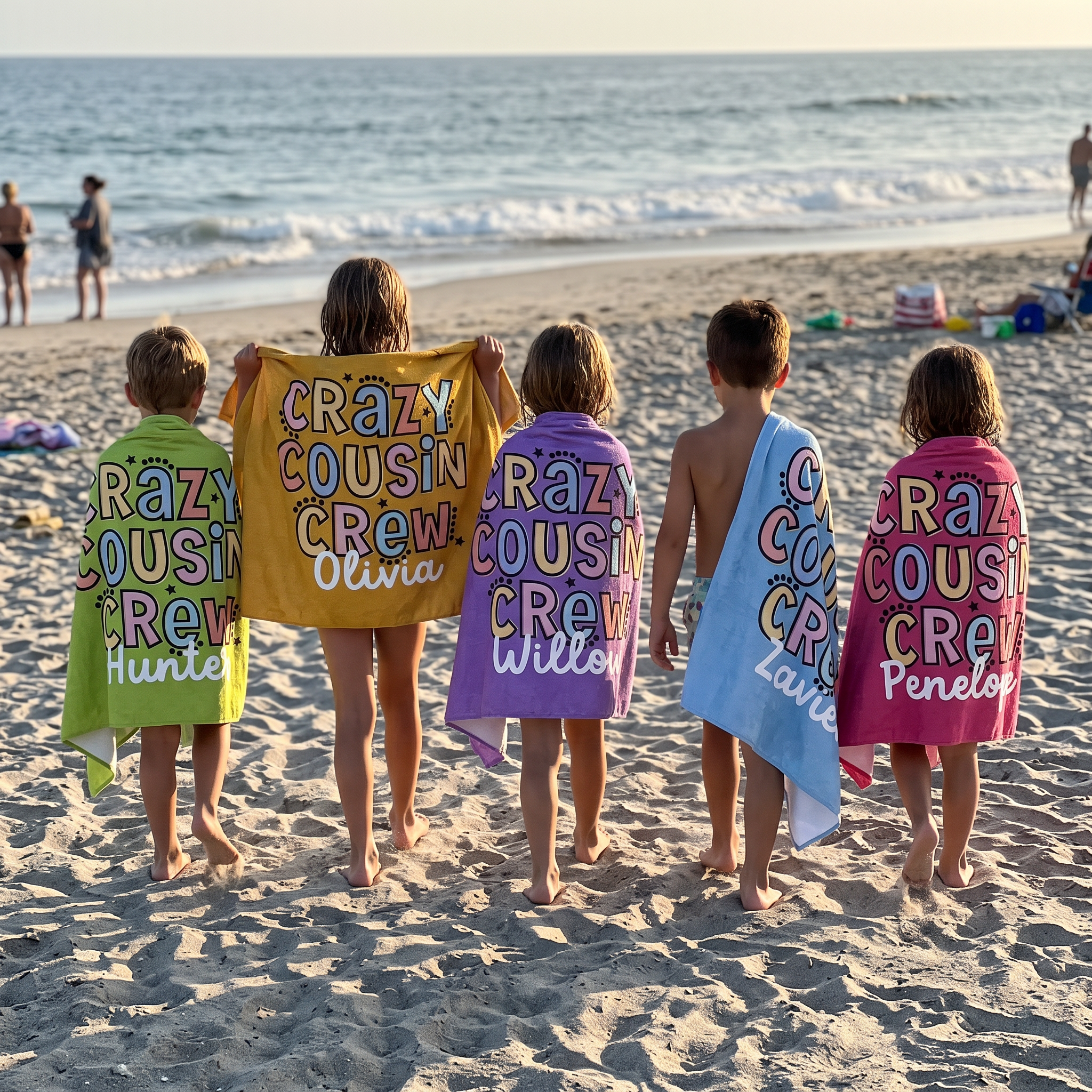 Crazy Cousin Crew beach towel personalised with each name, birthday gift