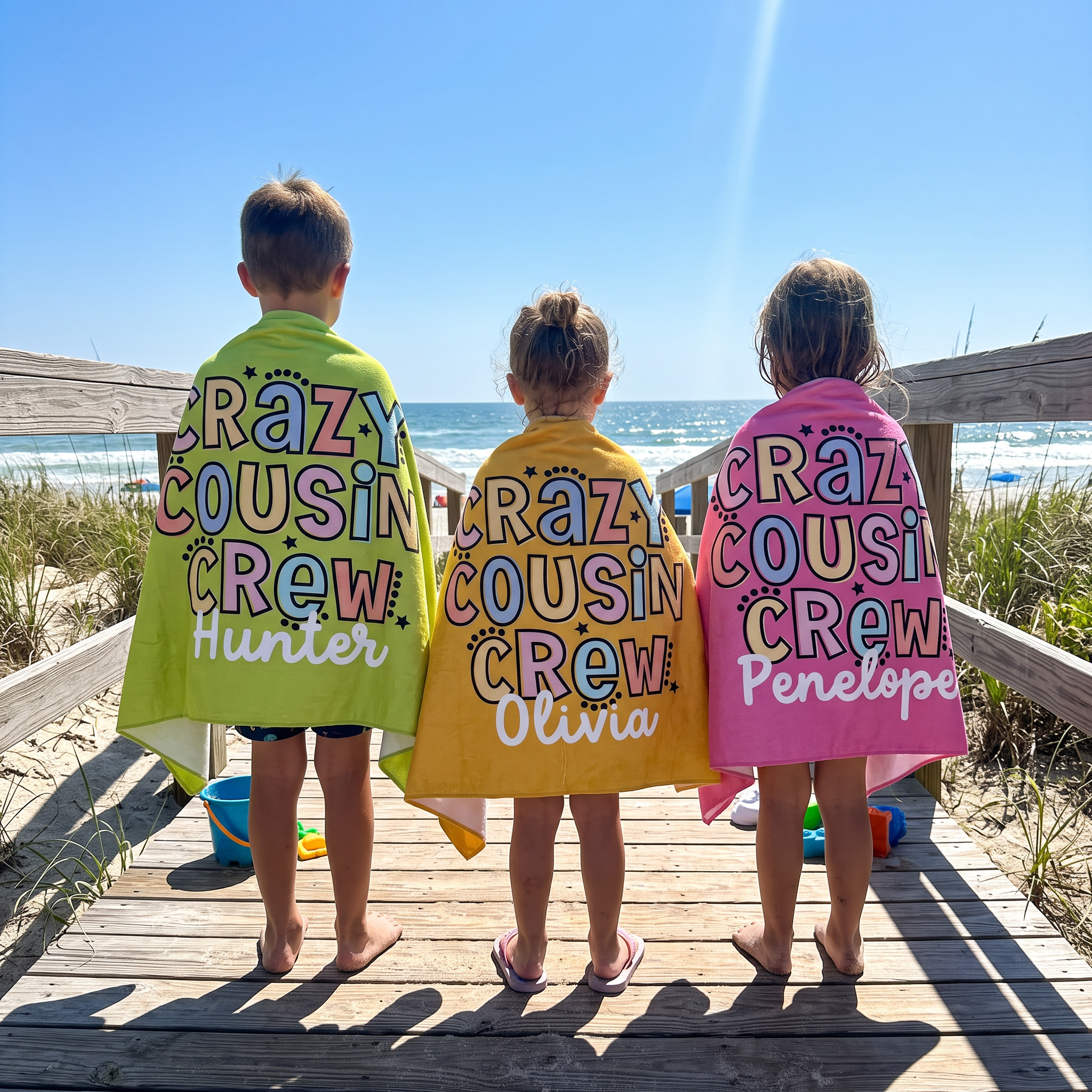 Crazy Cousin Crew beach towel in lightweight quick-dry microfibre, made for pool parties and beach trips - The Custom Co