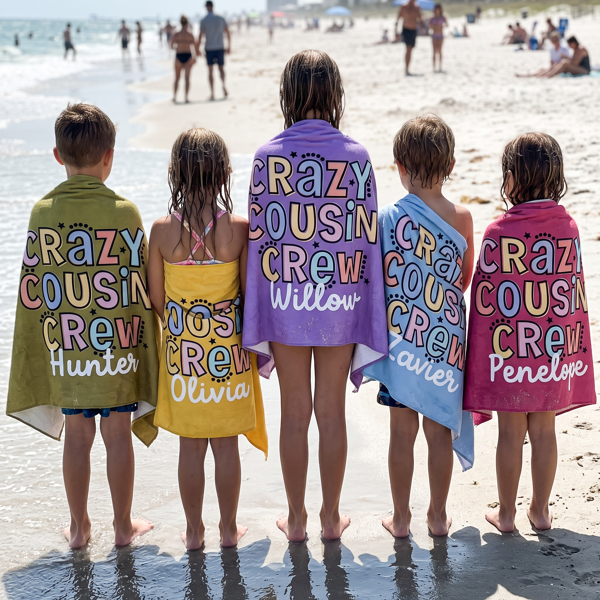 Personalised Crazy Cousin Crew beach towel name print detail