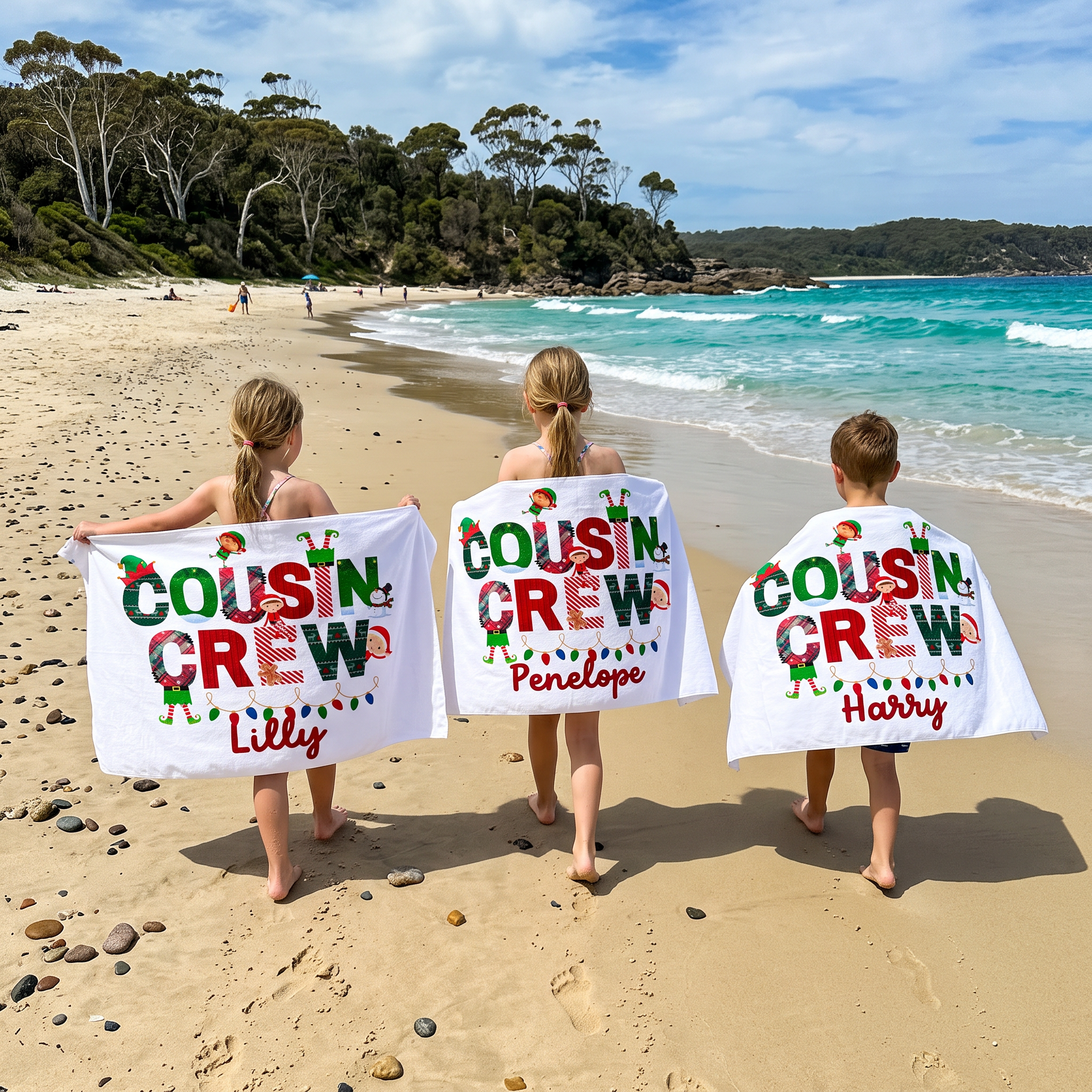 Personalised Christmas Cousin Crew beach towel name print detail
