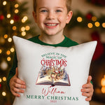 kids cushion Believe in Magic with child’s name, holiday décor