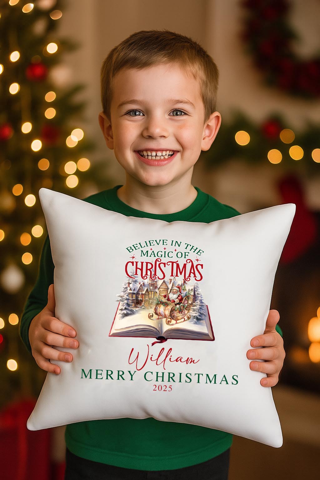 kids cushion Believe in Magic with child’s name, holiday décor