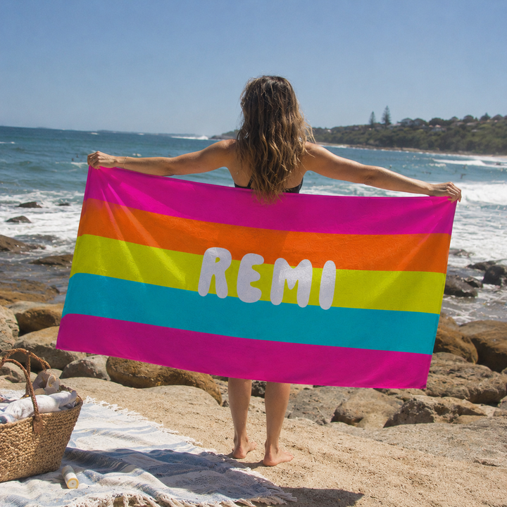 Personalised Stripe Beach Towel – Custom Name | Retro Stripe Design