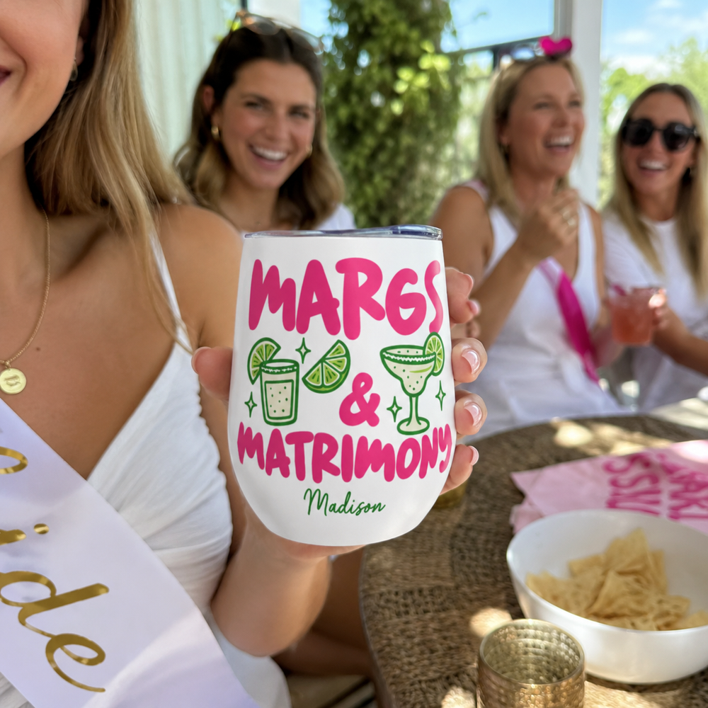 Margs & Matrimony wine tumbler personalised with each name, bridal shower gift