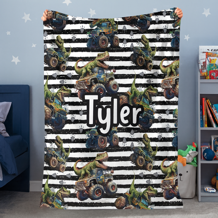 Personalised Dinosaur Monster Truck Blanket – Boys Adventure Design