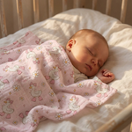 Personalised muslin swaddle wrap with baby name, soft breathable fabric, 120x120cm size for newborns and babies.