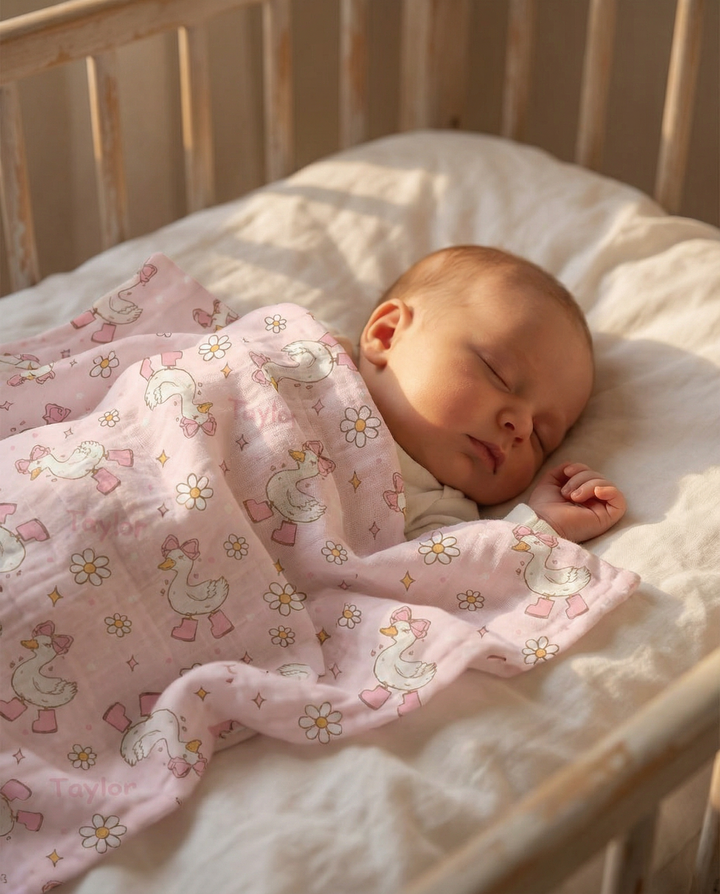 Personalised muslin swaddle wrap with baby name, soft breathable fabric, 120x120cm size for newborns and babies.