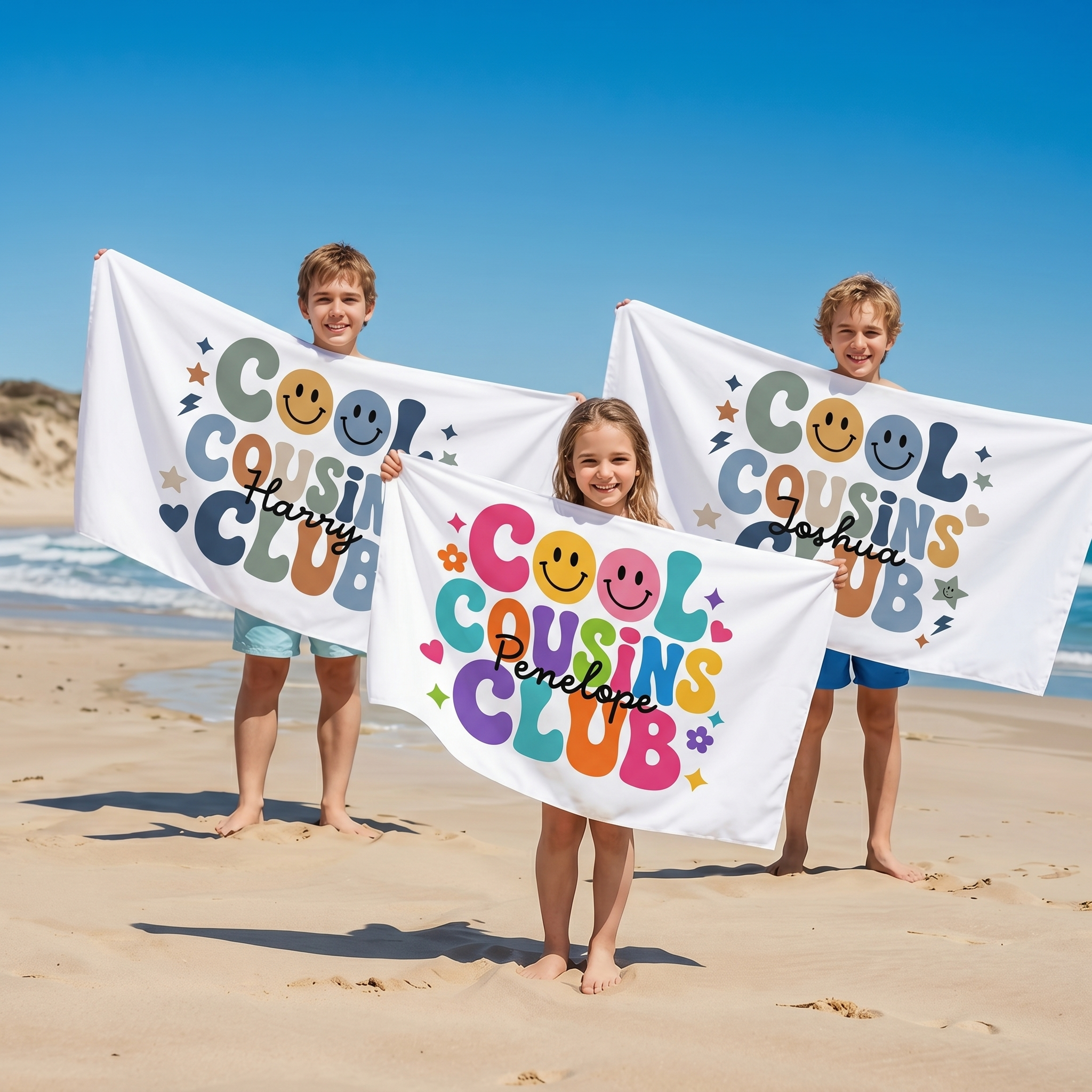 Name-printed Cool Cousins Club beach towel design detail