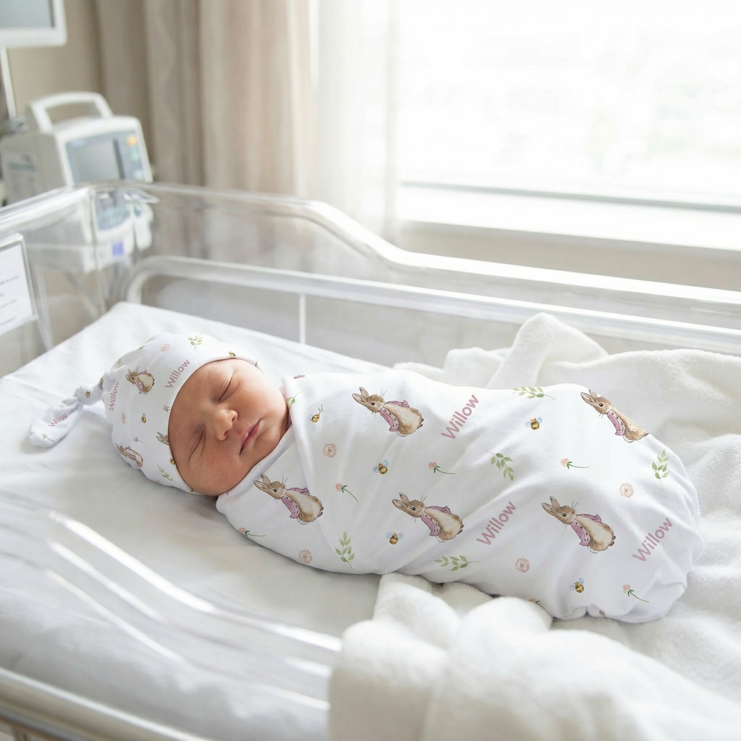 Personalised baby swaddle and beanie set in stretch poly fabric for newborn comfort and style