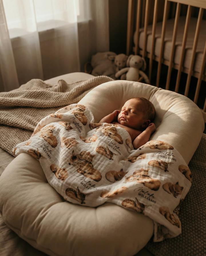 Custom muslin swaddle wrap personalized with baby name, soft breathable fabric, 120x120cm size, ideal for newborns and machine washable