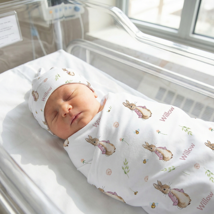 Personalised swaddle and beanie set made from soft stretch poly fabric for newborn comfort and style