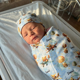 Personalised swaddle and beanie set made from soft stretch poly fabric for newborns