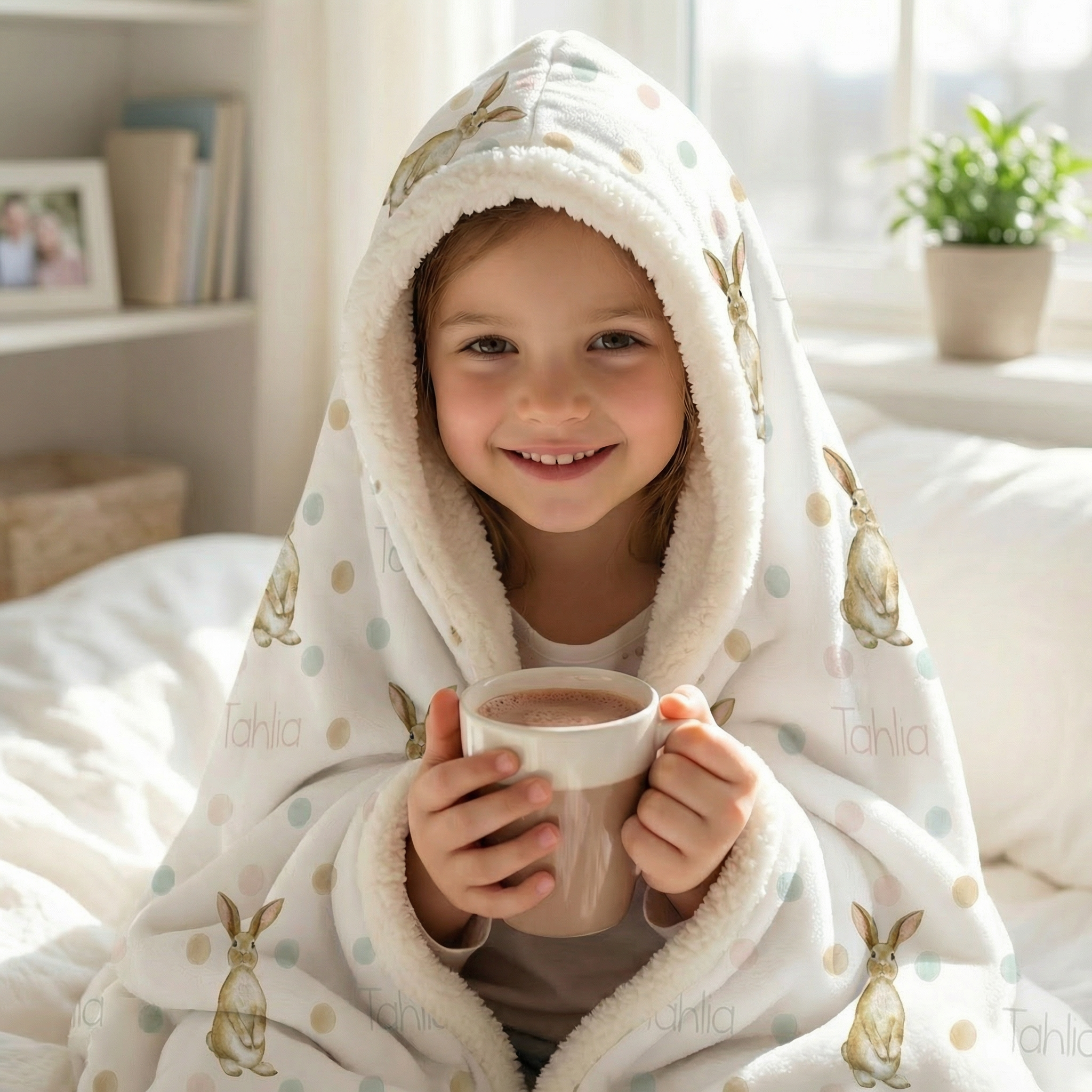 Personalised Easter hooded blanket with soft poly fabric and sherpa lining for kids