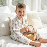 Personalised long sleeve kids Easter pyjamas with all-over Easter prints and child’s name on breathable, soft fabric.