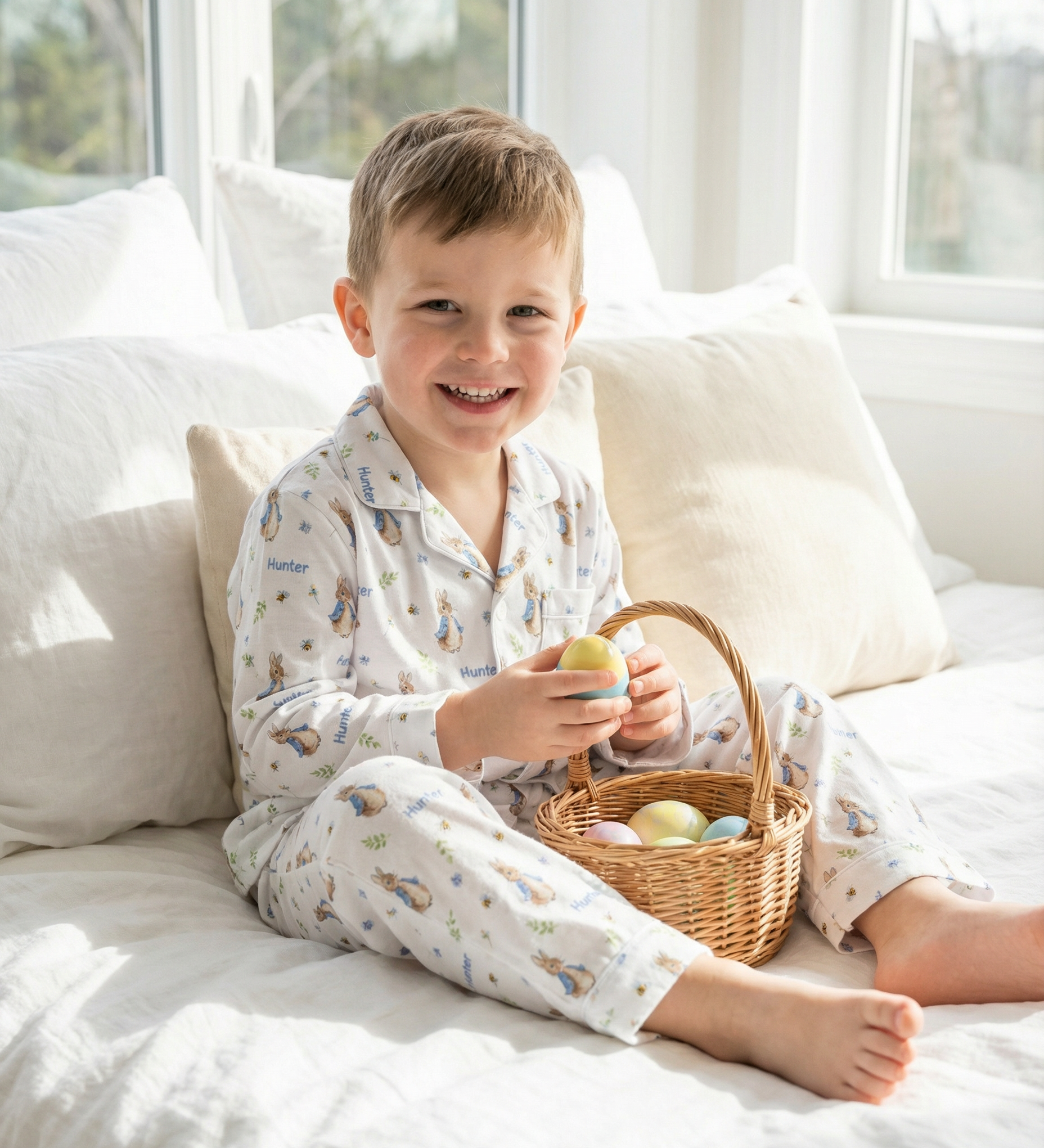 Personalised long sleeve kids Easter pyjamas with all-over Easter prints and child’s name on breathable, soft fabric.