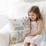Personalised pink Easter pocket book cushion with bunny design and built-in book pocket