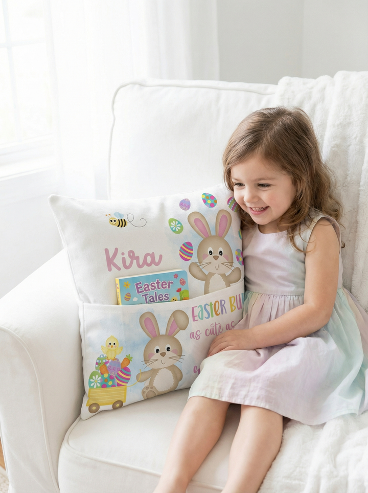 Personalised pink Easter pocket book cushion with bunny design and built-in book pocket