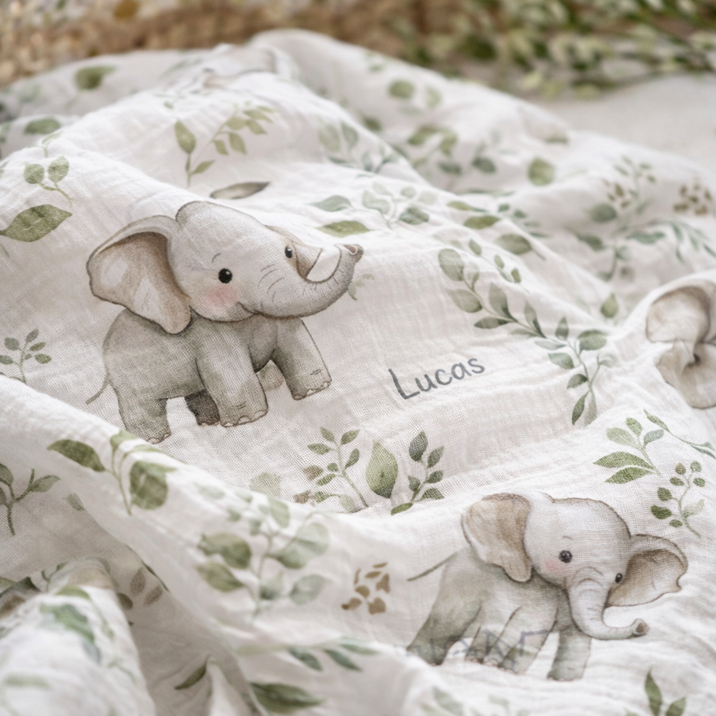 Personalised muslin swaddle wrap with baby name, soft breathable fabric, 120x120cm, newborn baby gift