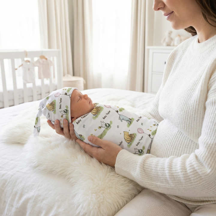 Personalised baby swaddle and beanie set in soft stretch poly fabric for cozy comfort and style