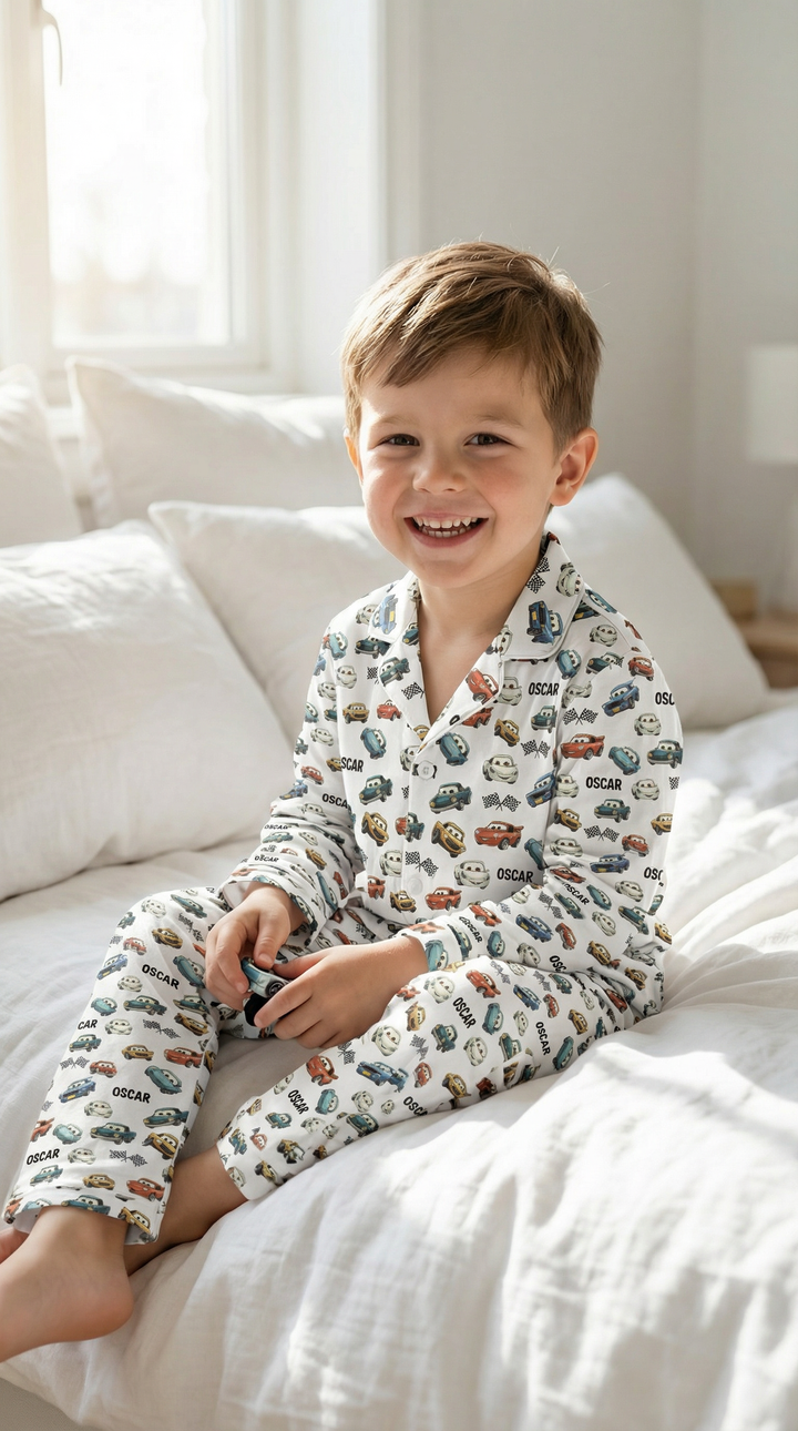 Personalised long sleeve kids pyjamas with all-over print and name customization