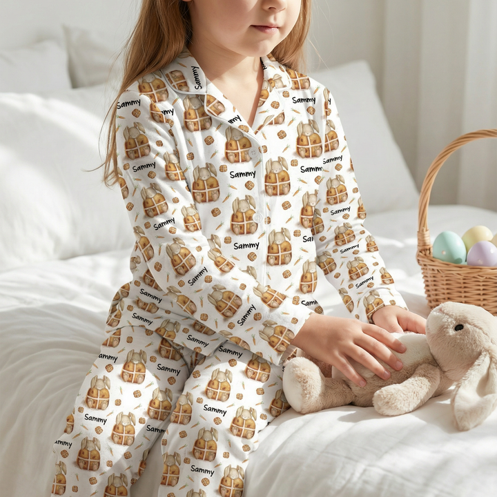 Kids long sleeve personalised Easter pyjamas with all-over festive print and name customization