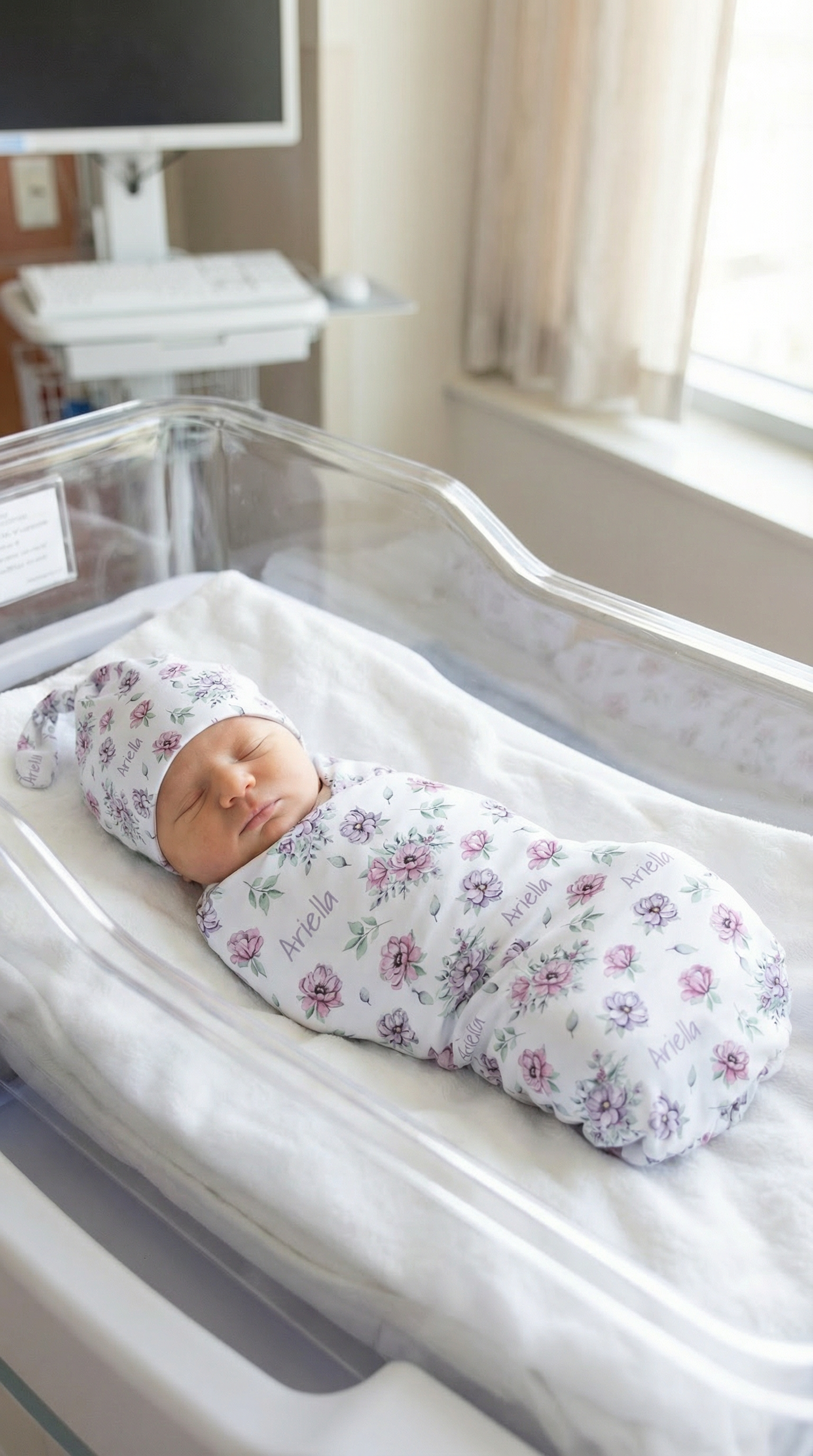 Personalised baby swaddle and beanie set made from soft stretch poly fabric for cozy newborn comfort