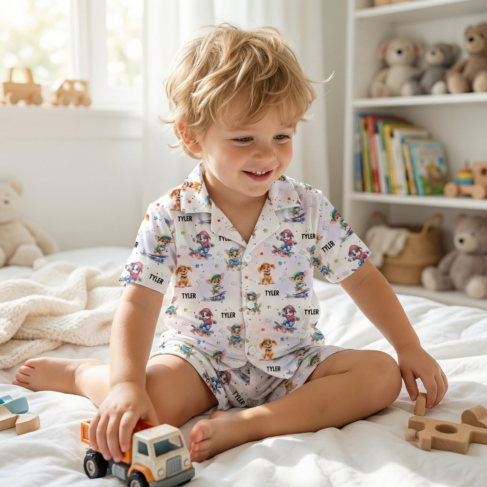 Personalised kids pyjamas short sleeve set with name and vibrant print