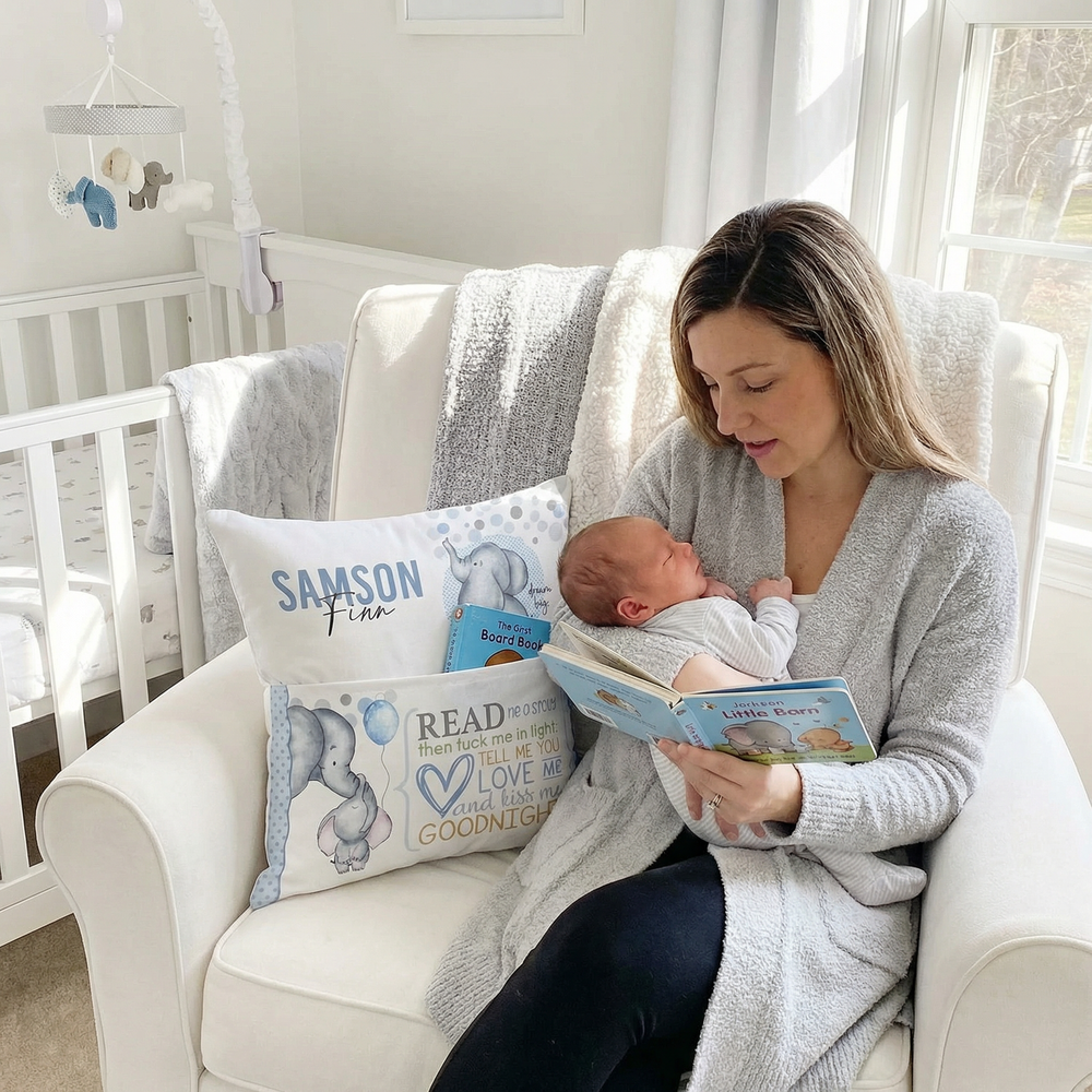 Personalised blue baby elephant pocket book cushion with name and built-in pocket for children's books