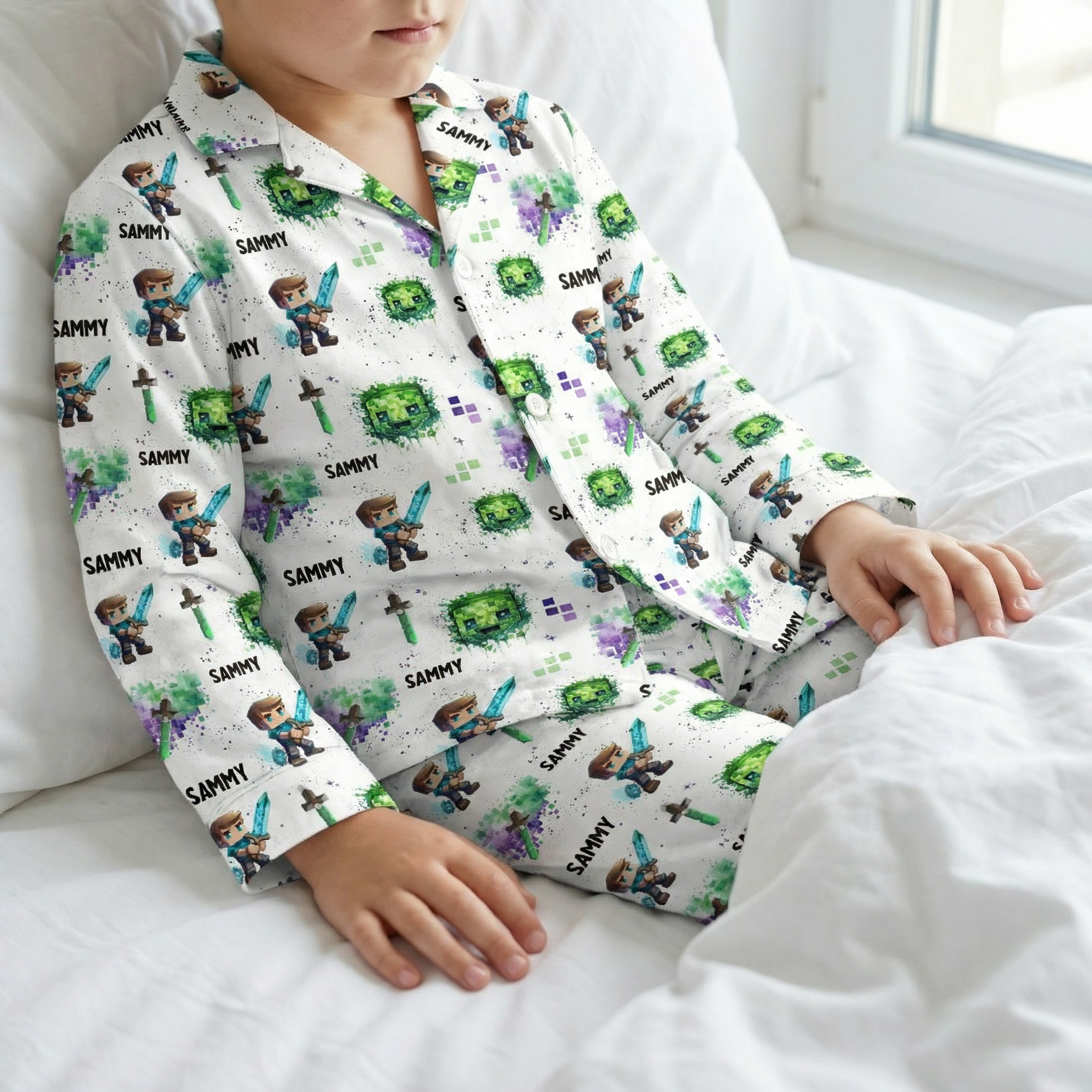 Personalised kids pyjamas long sleeve set with all-over print and name customization