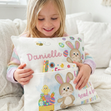 Personalised pink Easter pocket book cushion with bunny design and name slot for kids' bedroom decor