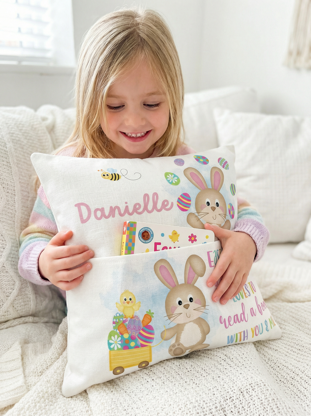 Personalised pink Easter pocket book cushion with bunny design and name slot for kids&