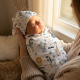 Personalised baby swaddle blanket and beanie set made from soft stretch poly fabric for comfort and style