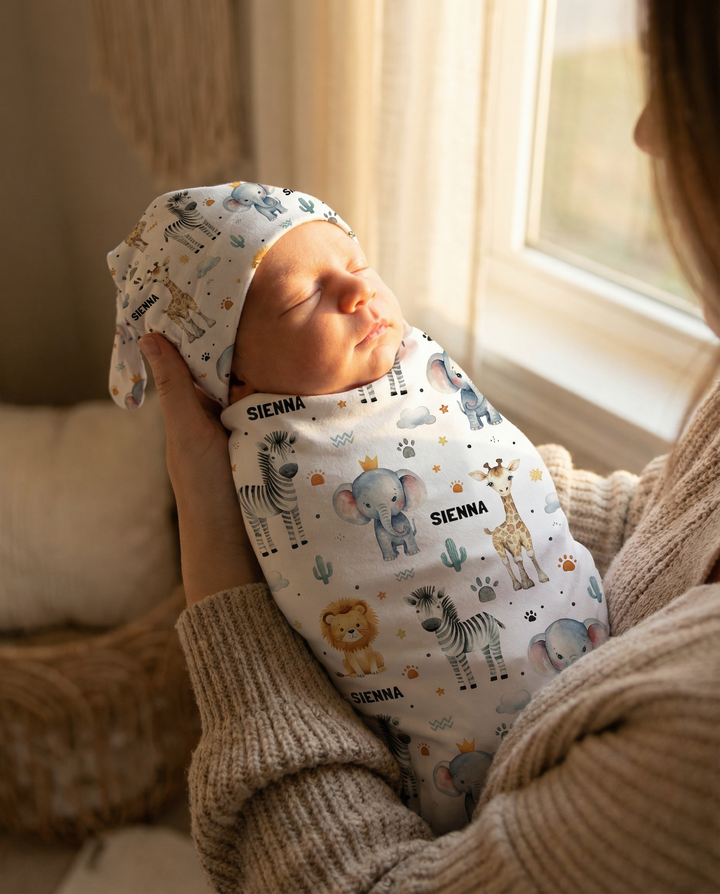 Personalised Swaddle & Beanie Set