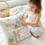 Personalised pink Easter pocket book cushion with bunny design and name pocket for kids' books