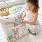 Personalised pink Easter pocket book cushion with bunny design and name pocket for kids' books