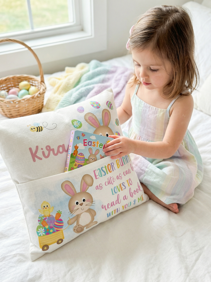 Personalised pink Easter pocket book cushion with bunny design and name pocket for kids&