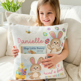 Personalised pink Easter pocket book cushion with bunny design and built-in book pocket