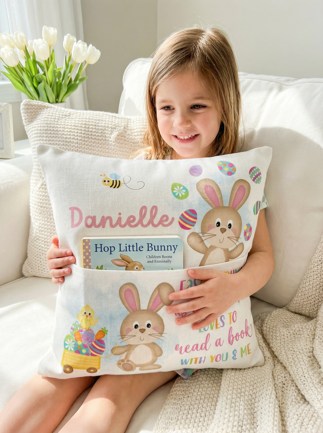 Personalised pink Easter pocket book cushion with bunny design and built-in book pocket