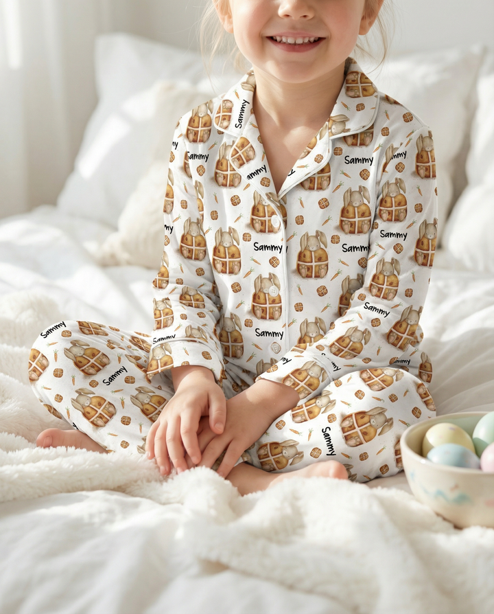 Personalised long sleeve kids Easter pyjamas with all-over Easter print and child’s name